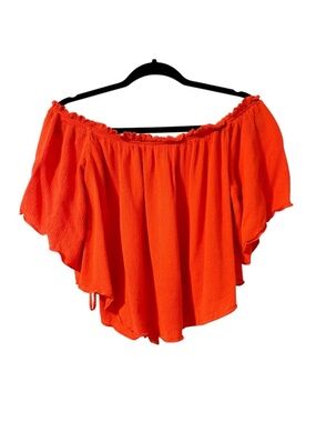 Gianni Bini Orange Off The Shoulder Flowy Crop Top Gold Button Detail Medium